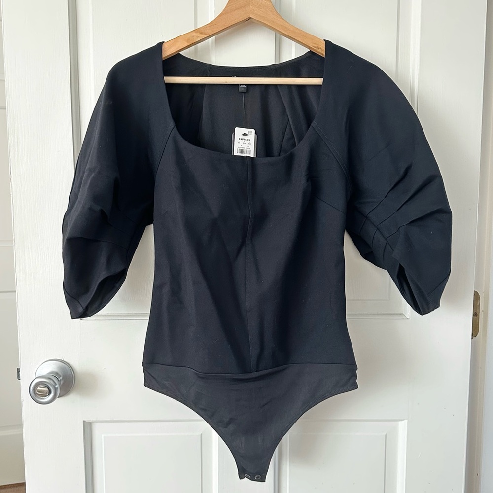 NEW! Express Black Fitted Ponte Square Neck Puff Sleeve Bodysuit Size S